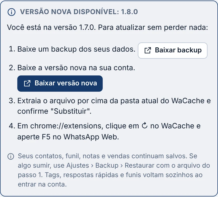 Quadro Versão nova disponível nos Ajustes do WaCache, com os botões Baixar backup e Baixar versão nova