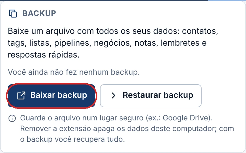 Quadro Backup nos Ajustes do WaCache, com o botão Baixar backup destacado