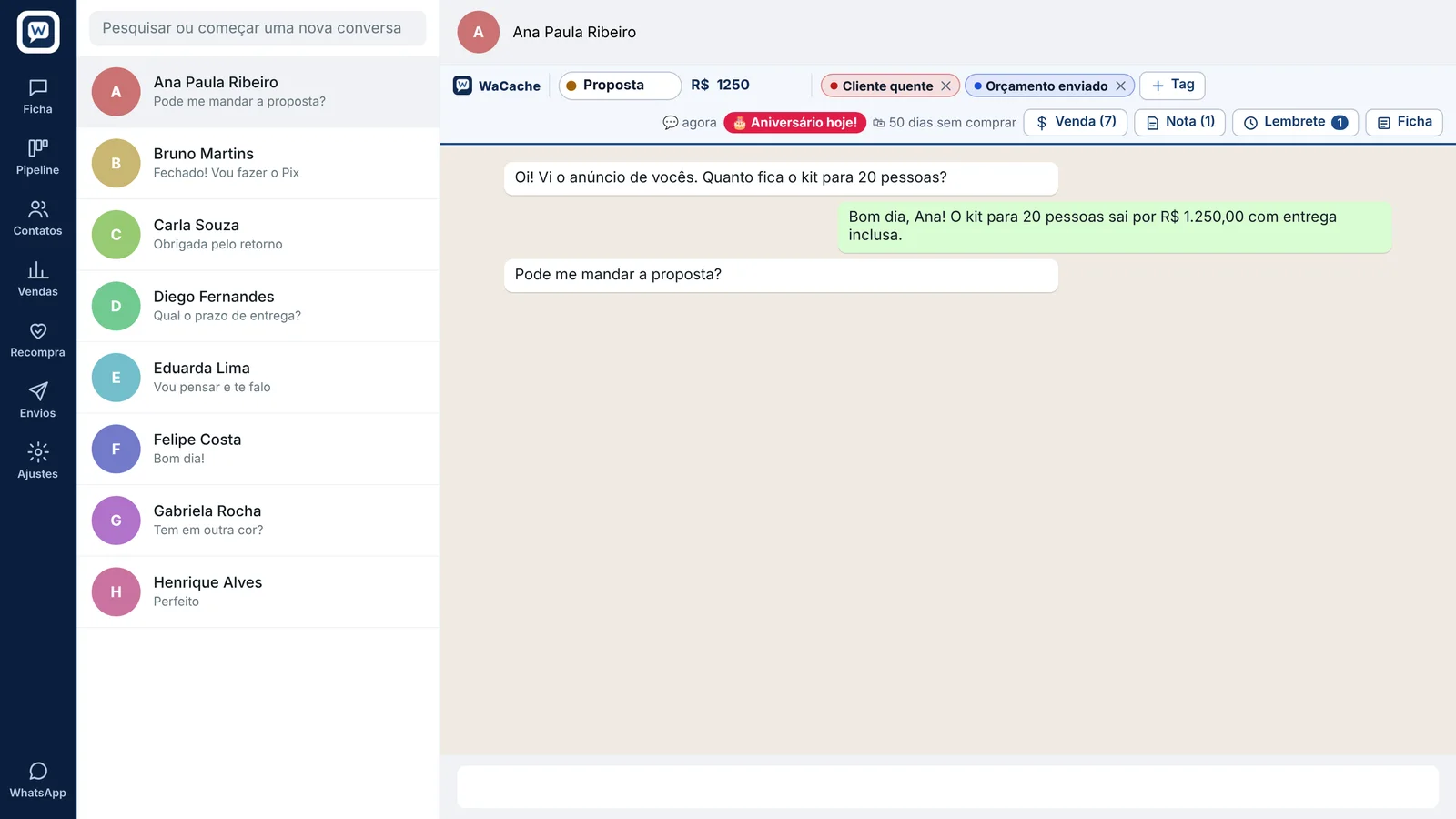 Conversa no WhatsApp Web com a faixa do WaCache mostrando o aviso Aniversário hoje e há quantos dias a cliente não compra