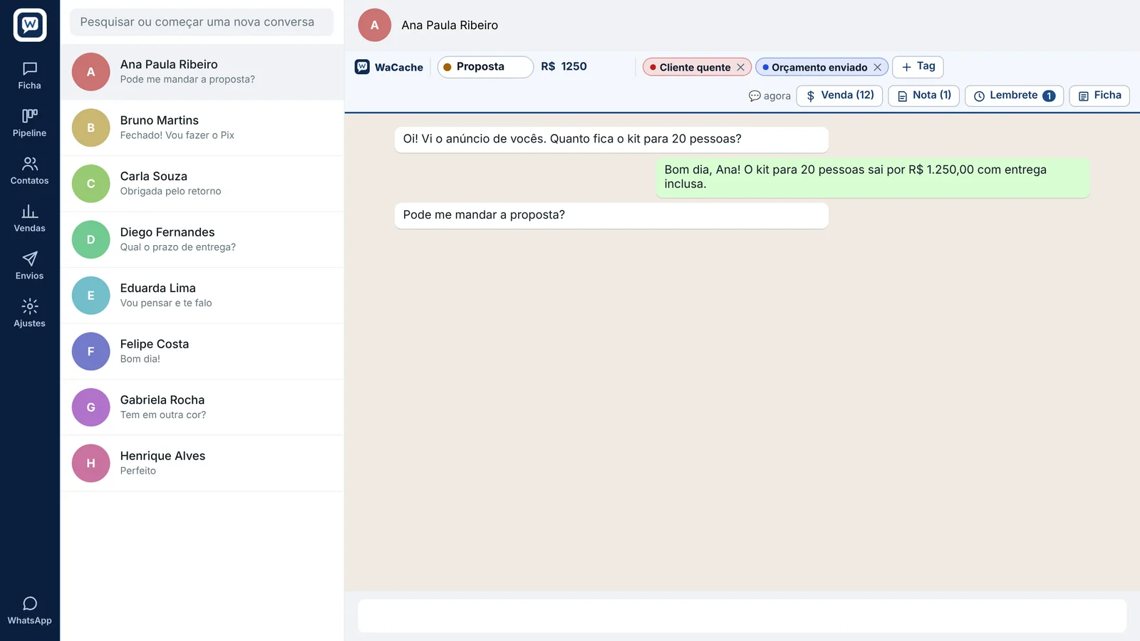 Conversa no WhatsApp Web com a faixa do WaCache mostrando a etapa Proposta, o valor de R$ 1.250 e as tags do cliente